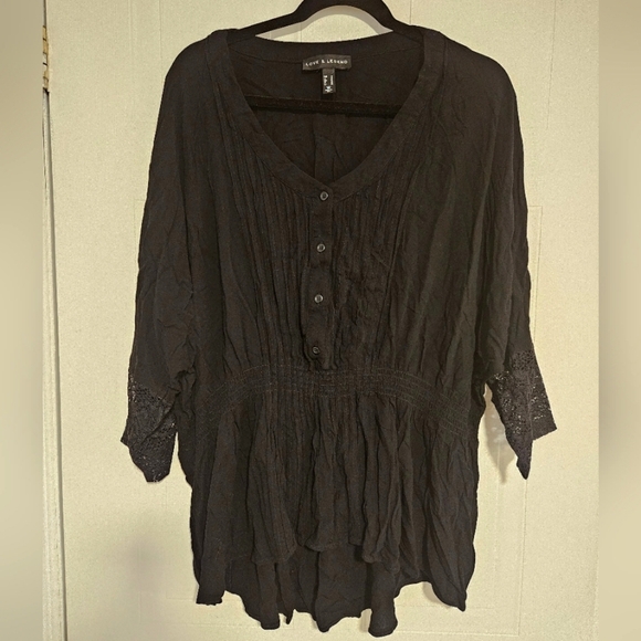 Womens 2X plus size shirt boho peasant black blouse lace 3/4 sleeve stretchy - Picture 1 of 5